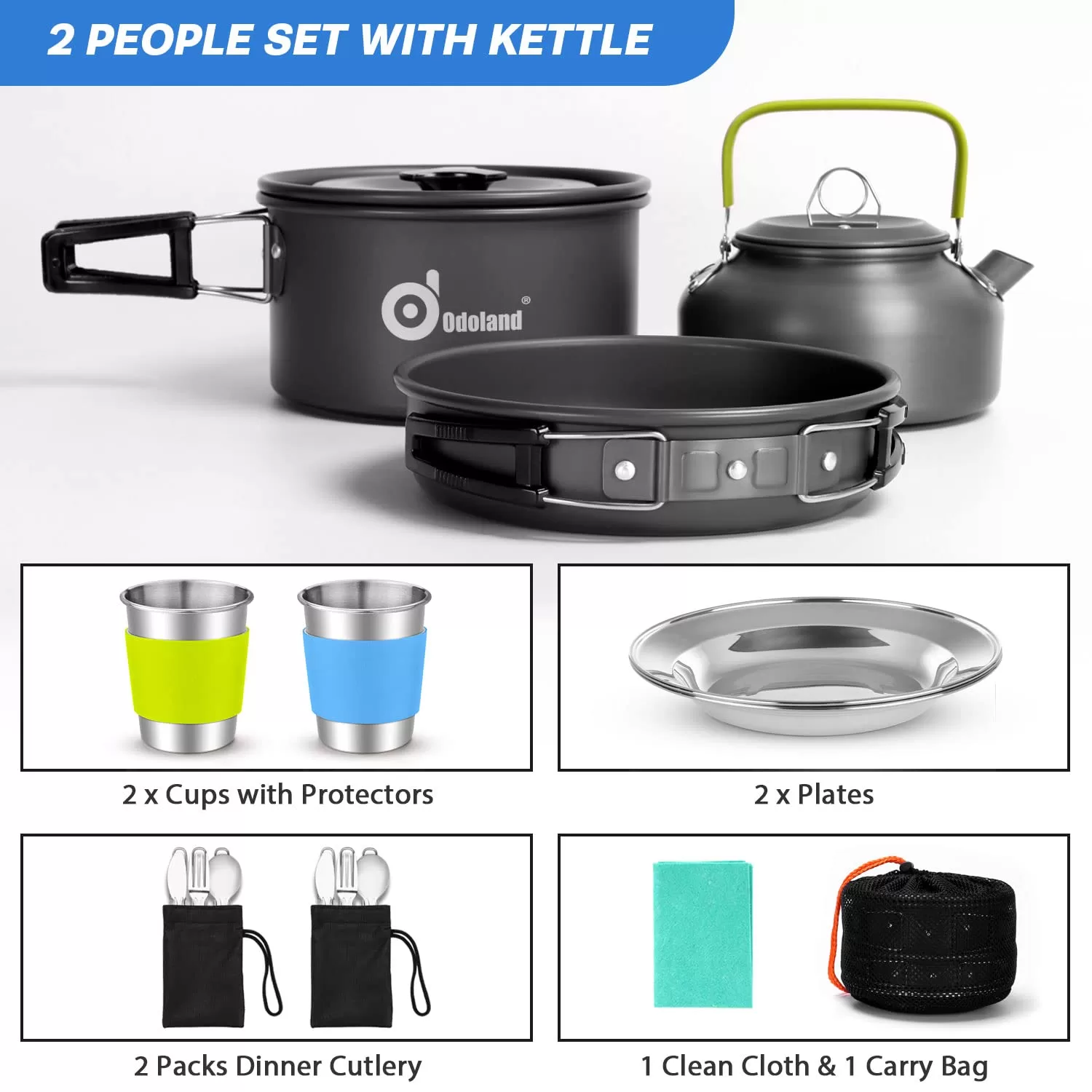 Odoland 15pcs Camping Cookware Mess Kit, Non-Stick Lightweight Pot Pan Kettle Set