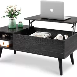 WLIVE Wood Lift Top Coffee Table with Hidden Compartment and Adjustable Storage Shelf, Charcoal Black