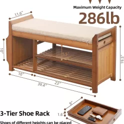 PETKABOO 2 Tier Shoe Bench, Shoe Rack with Hidden Drawer and Side Holder