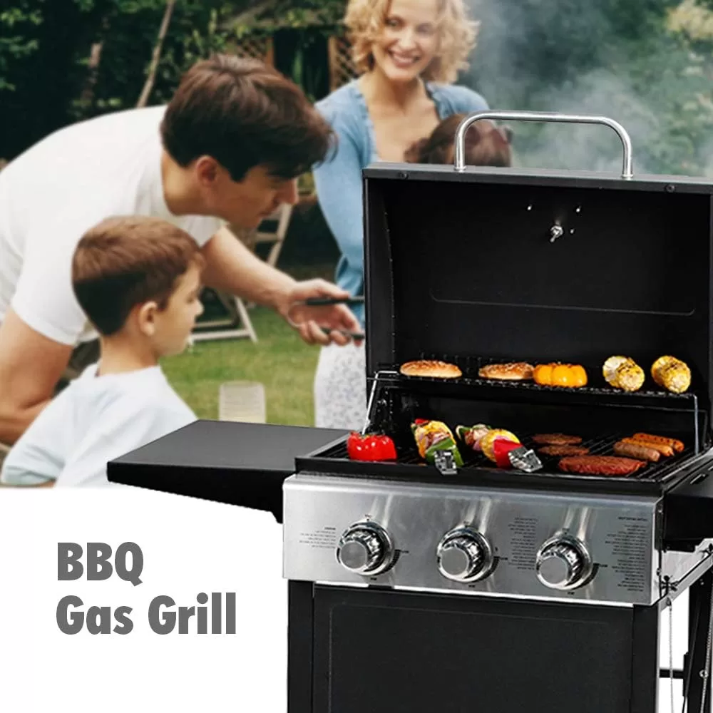 MASTER COOK 3 Burner BBQ Propane Gas Grill, Stainless Steel 30,000 BTU Patio Garden Barbecue Grill