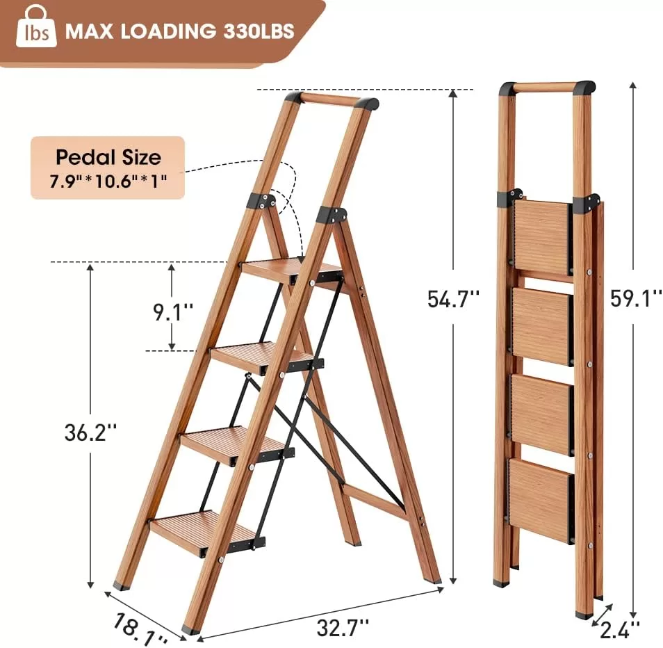 4 Step Ladder, Folding Step Stool with Convenient Handgrip, 330 lbs Capacity