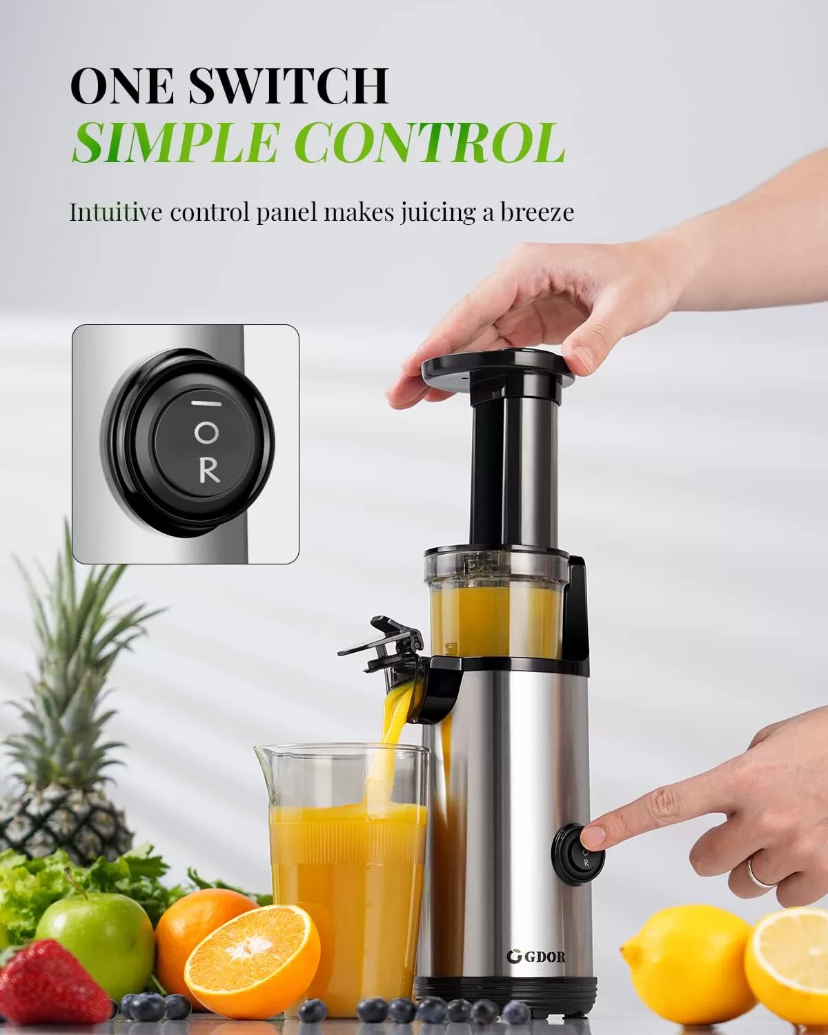 Compact GDOR Masticating Juicer, Brush Included, 20 Oz Juice Cup, BPA-Free, Sliver