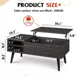 WLIVE Wood Lift Top Coffee Table with Hidden Compartment and Adjustable Storage Shelf, Charcoal Black