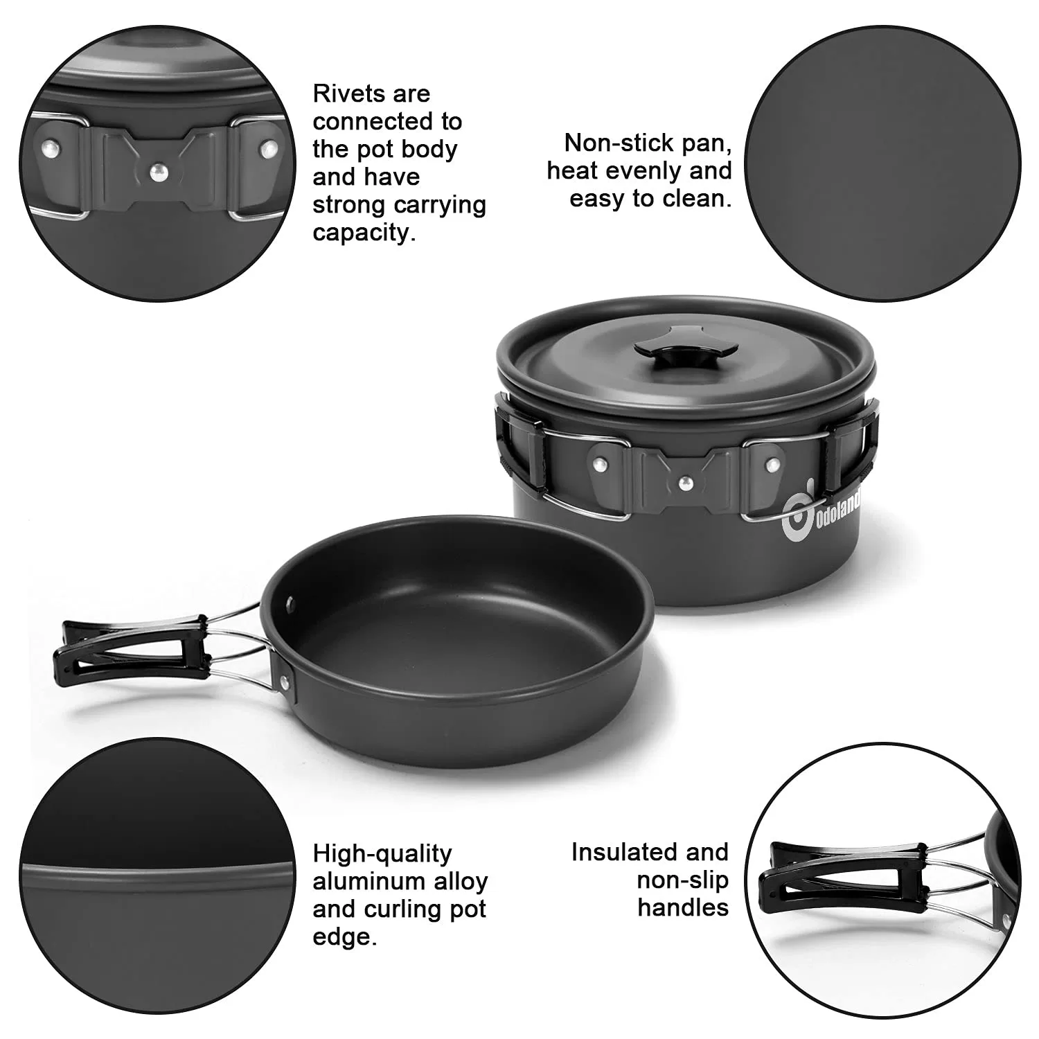 Odoland 15pcs Camping Cookware Mess Kit, Non-Stick Lightweight Pot Pan Kettle Set