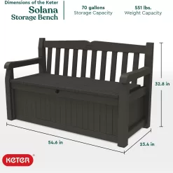 Keter Solana 70 Gallon Storage Bench Deck Box for Patio Furniture, Front Porch Decor and Outdoor Seating, Brown