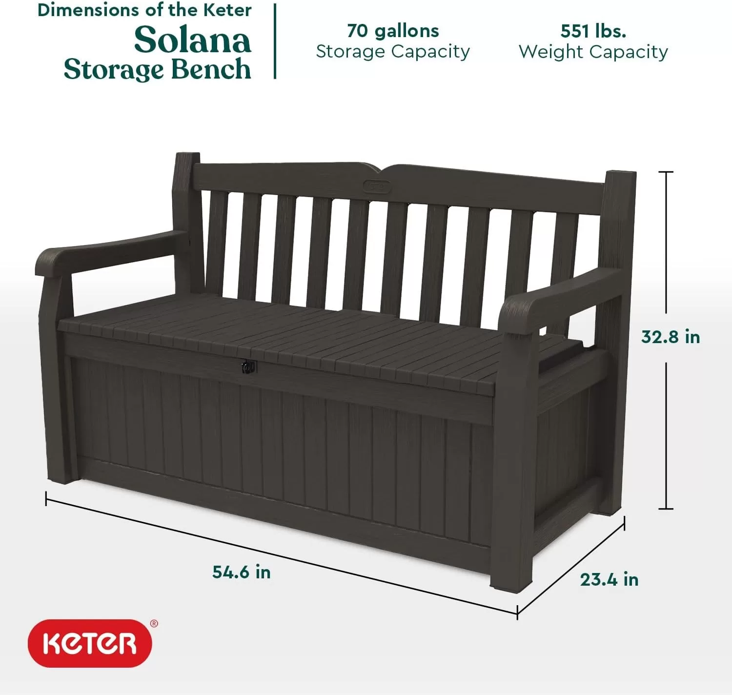 Keter Solana 70 Gallon Storage Bench Deck Box for Patio Furniture, Front Porch Decor and Outdoor Seating, Brown
