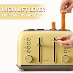 BUYDEEM DT640 4-Slice Toaster, Extra Wide Slots, Retro Stainless Steel, 7-Shade Settings (Mellow Yellow)