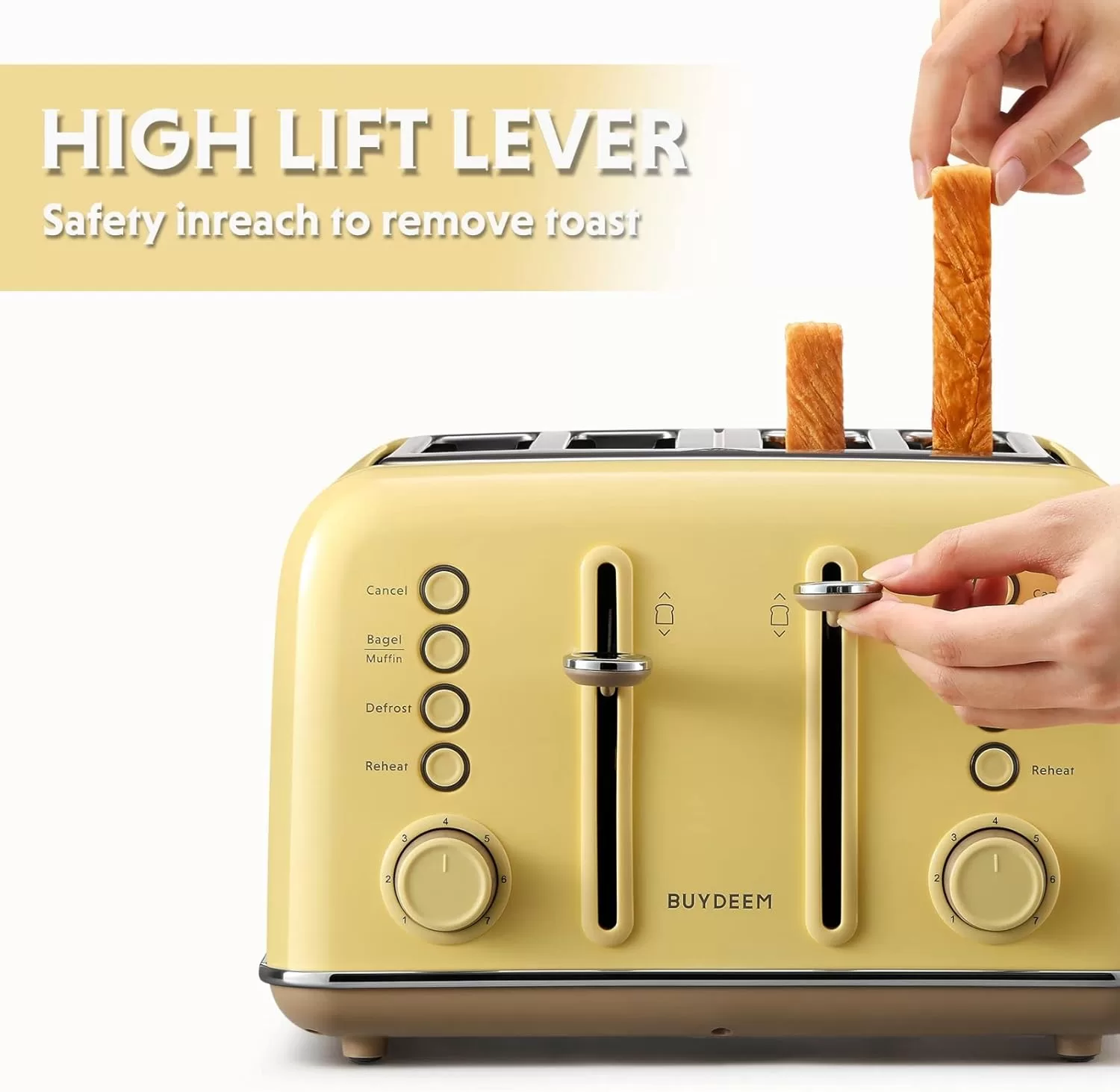 BUYDEEM DT640 4-Slice Toaster, Extra Wide Slots, Retro Stainless Steel, 7-Shade Settings (Mellow Yellow)
