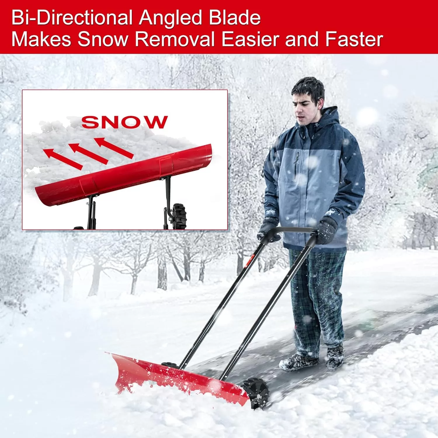 38 Inch Snow Shovel for Driveway, Brewin SnowPro Bi-Direction Heavy Duty Snow Pusher