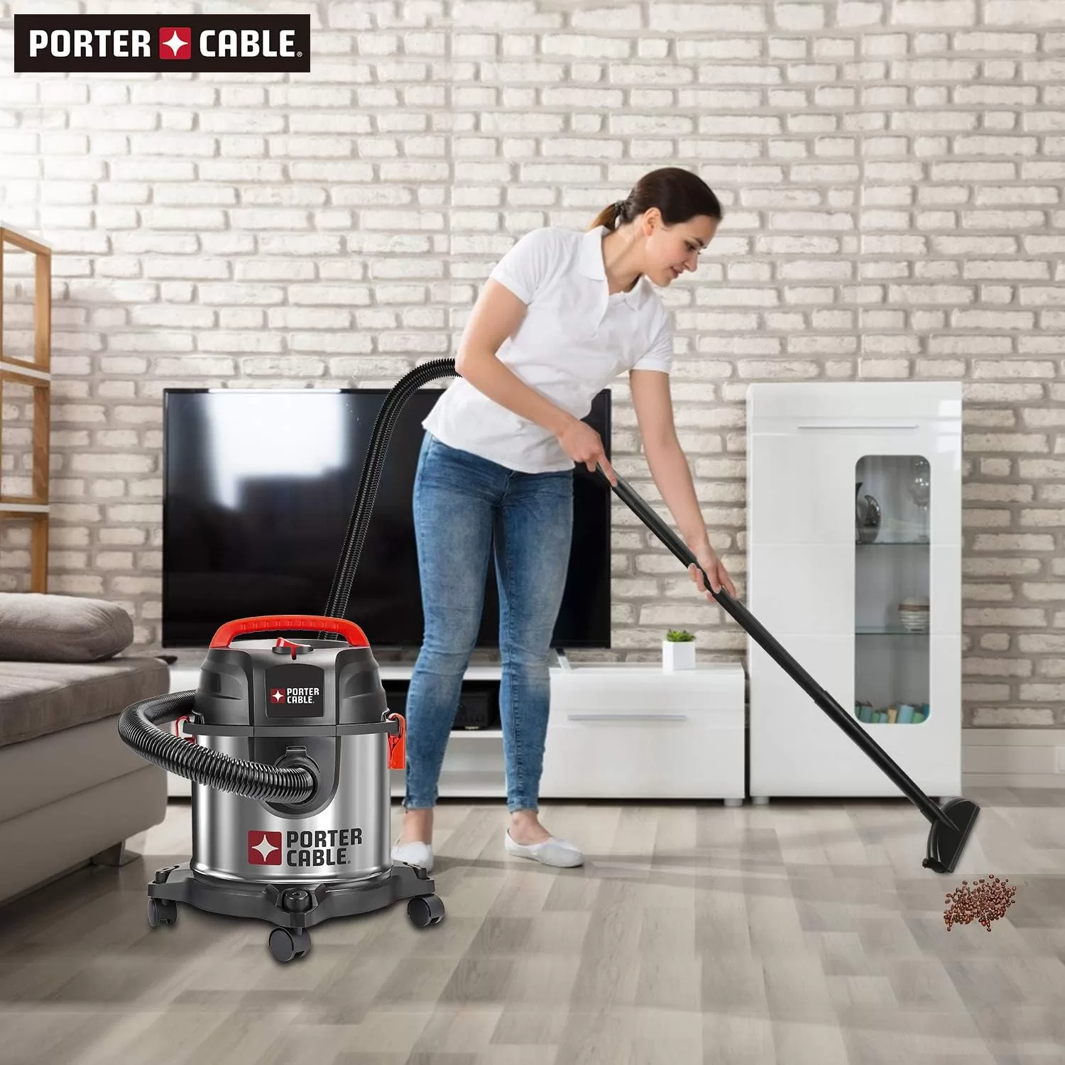 PORTER-CABLE Wet/Dry Vacuum 4 Gallon 4HP Stainless Steel Light Weight Portable, Silver+Red