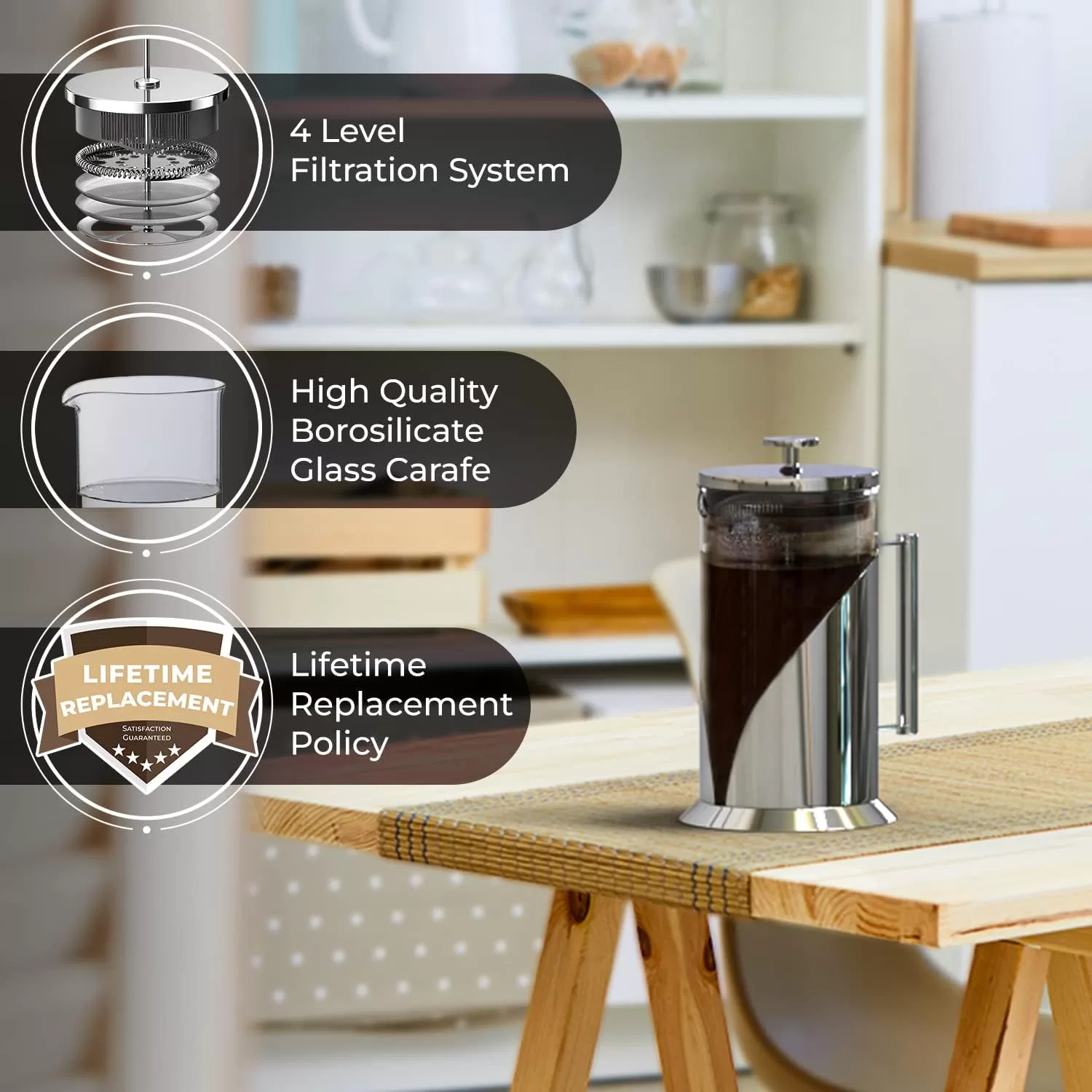 The Original Glass French Press Coffee Maker - Versatile Coffee Press, Tea Press w/ 4 Level Filtration (34oz)