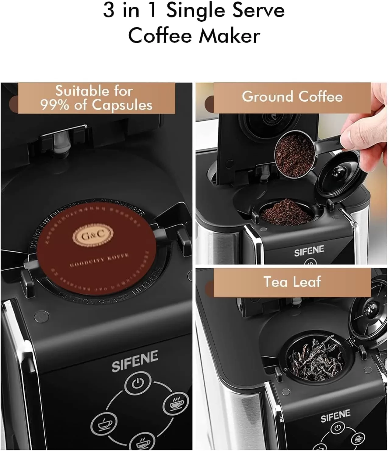 SIFENE Single Serve Coffee Maker, 3 in 1 Coffee Machine, Personal K-Pod Capsule Brewer, Black