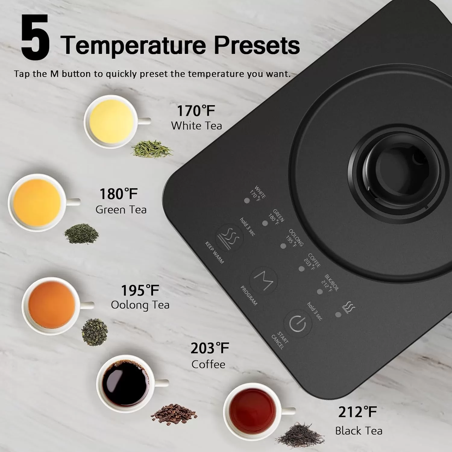 Ulcreigo Gooseneck Electric Kettle Temperature Control with 5 Variable Presets, (Black)