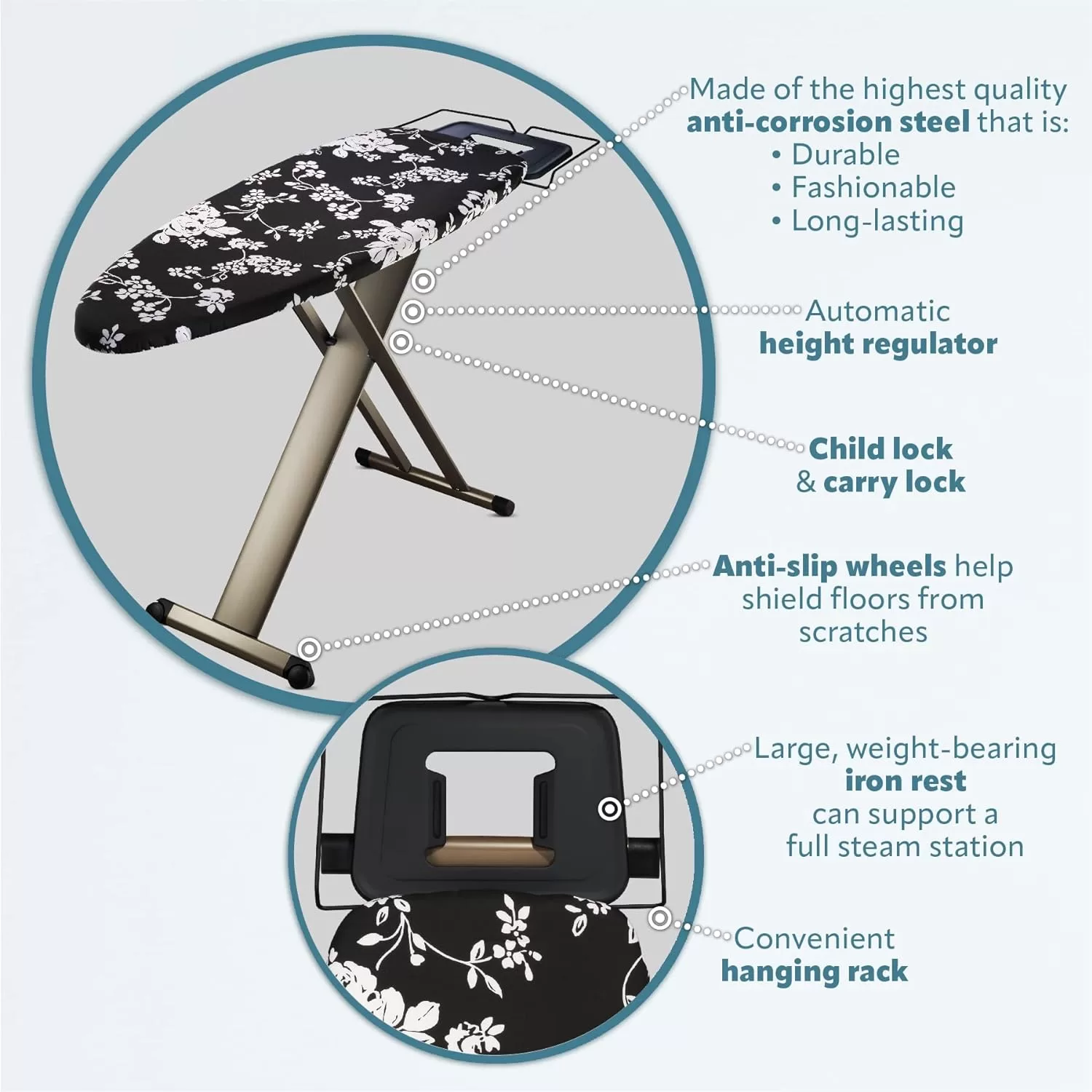 Bartnelli Pro Luxury Ironing Board - Extra Wide 51x19” with Heavy Duty Steam Iron Rest