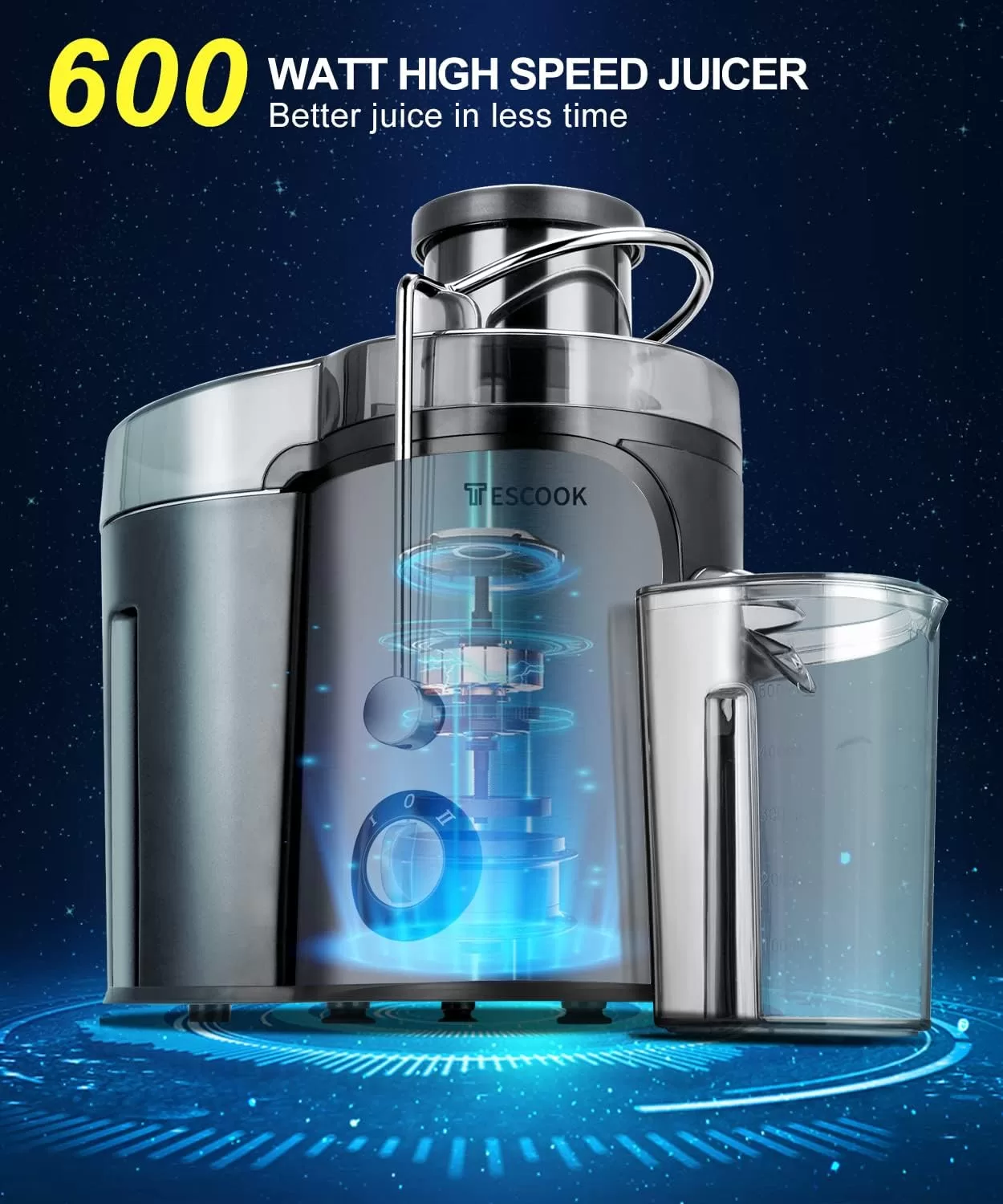 Tescook Juicer, 600W Juicer Machines 3 Speeds with 3'' Feed Chute