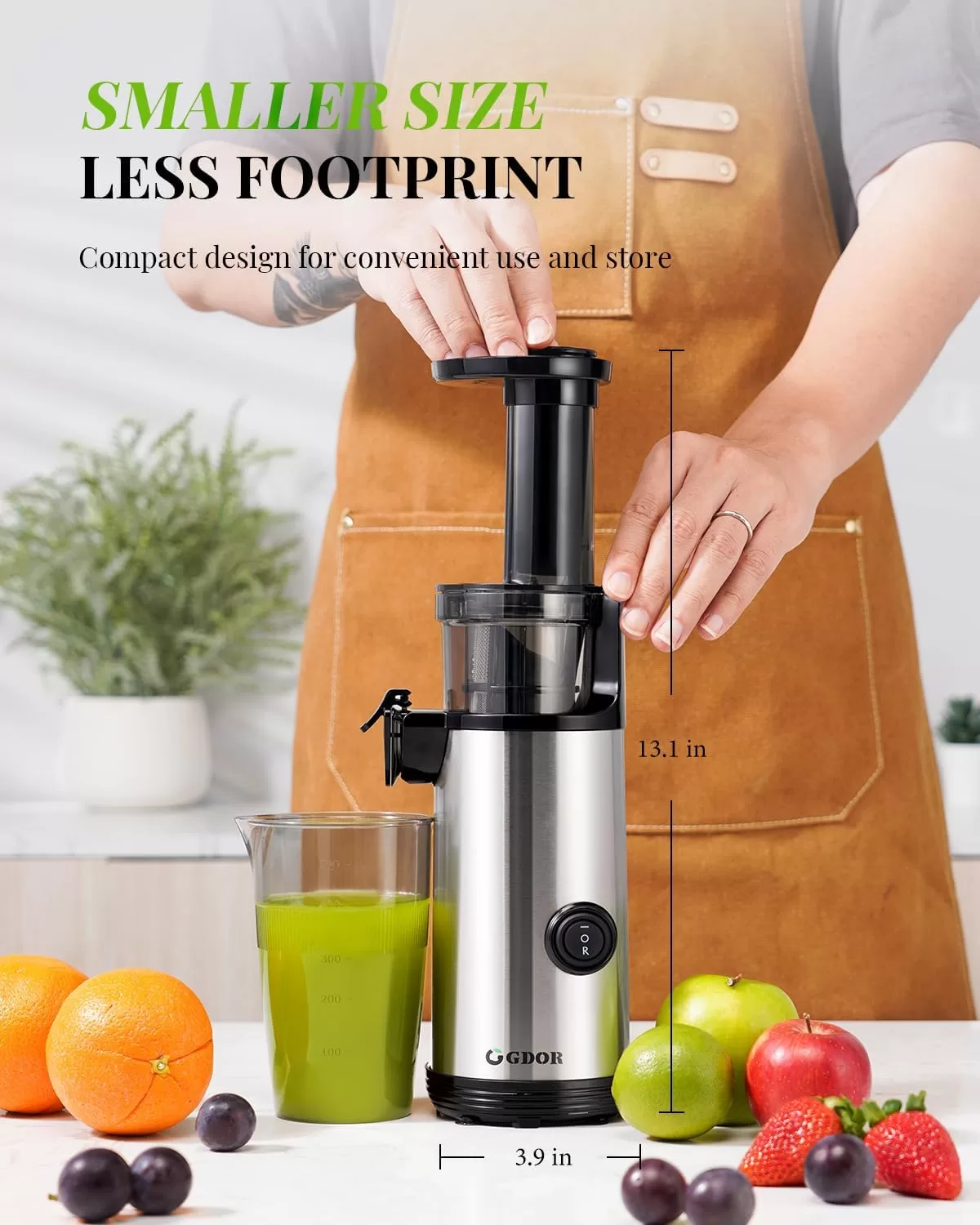 Compact GDOR Masticating Juicer, Brush Included, 20 Oz Juice Cup, BPA-Free, Sliver