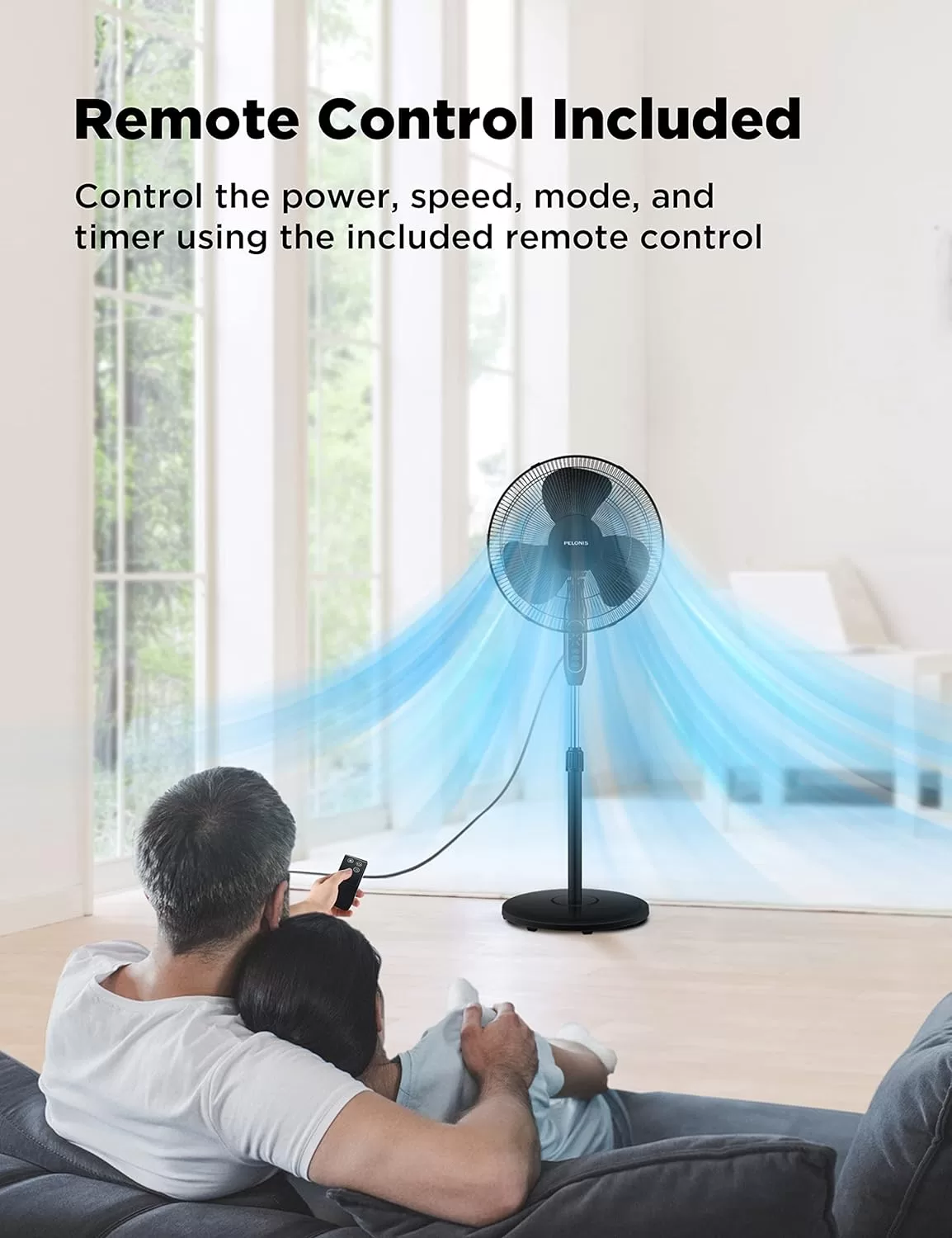 PELONIS 16'' Pedestal Remote Control, Oscillating Stand Up Fan 7-Hour Timer, Supreme 16"-Black