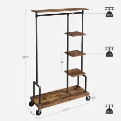 VASAGLE Clothes Rack, Clothing Garment Rack on Wheels, Rustic Brown UHSR66BX