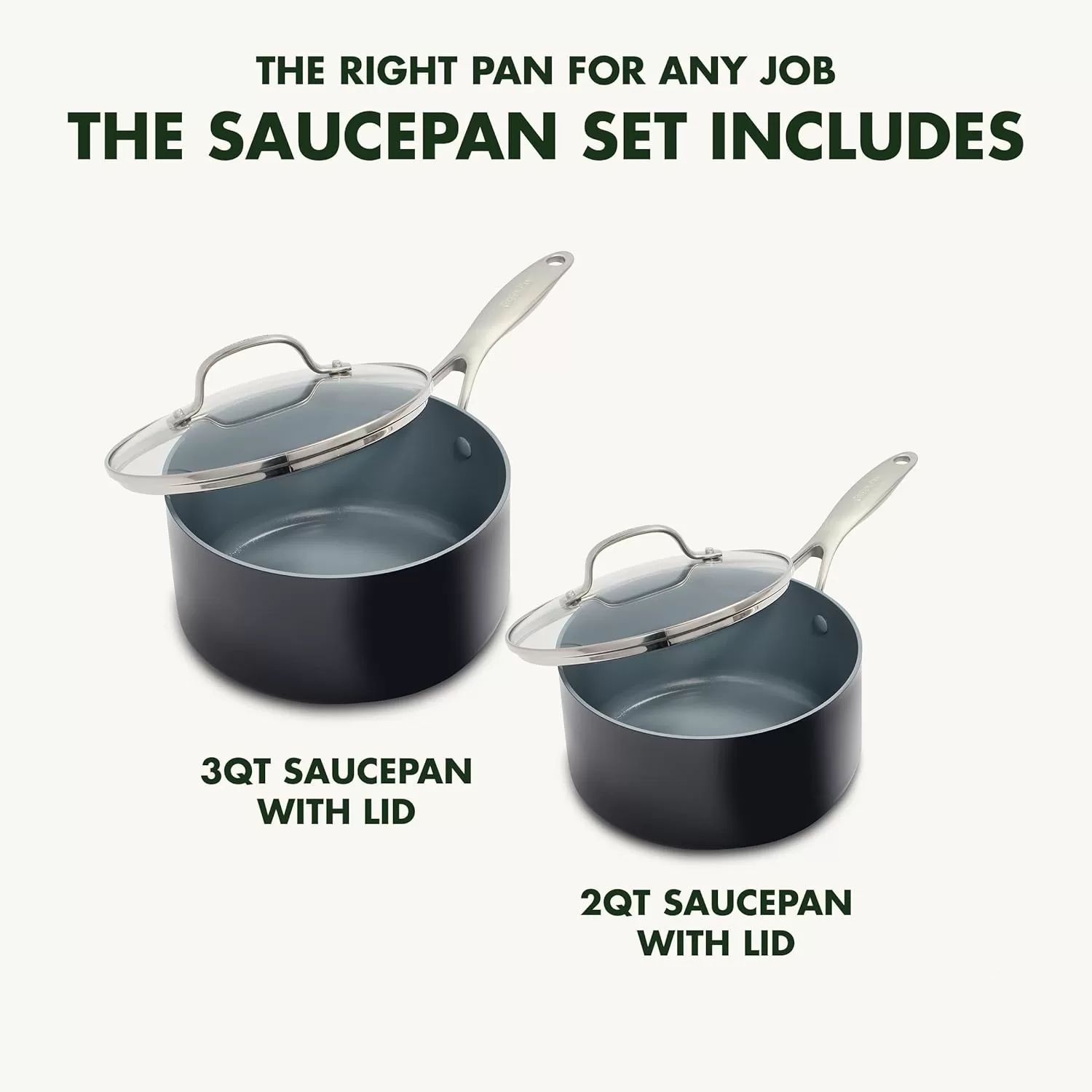 GreenPan Valencia Pro Hard Anodized Healthy Ceramic Nonstick 2QT and 3QT Saucepan Pot Set with Lids, Gray