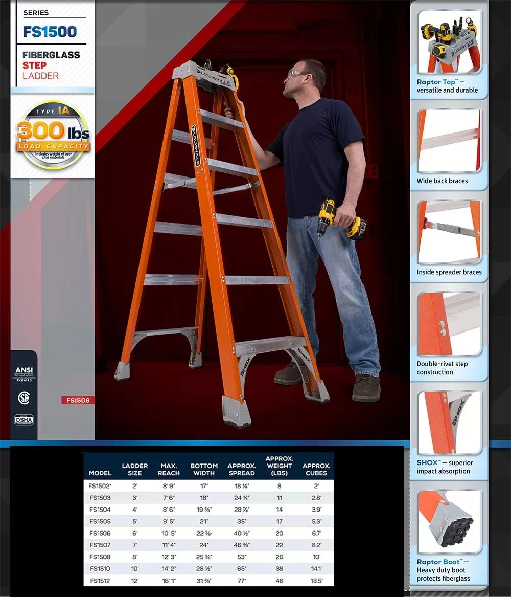 Louisville Ladder 6-Foot Fiberglass Step Ladder, 300-Pound Capacity, FS1506