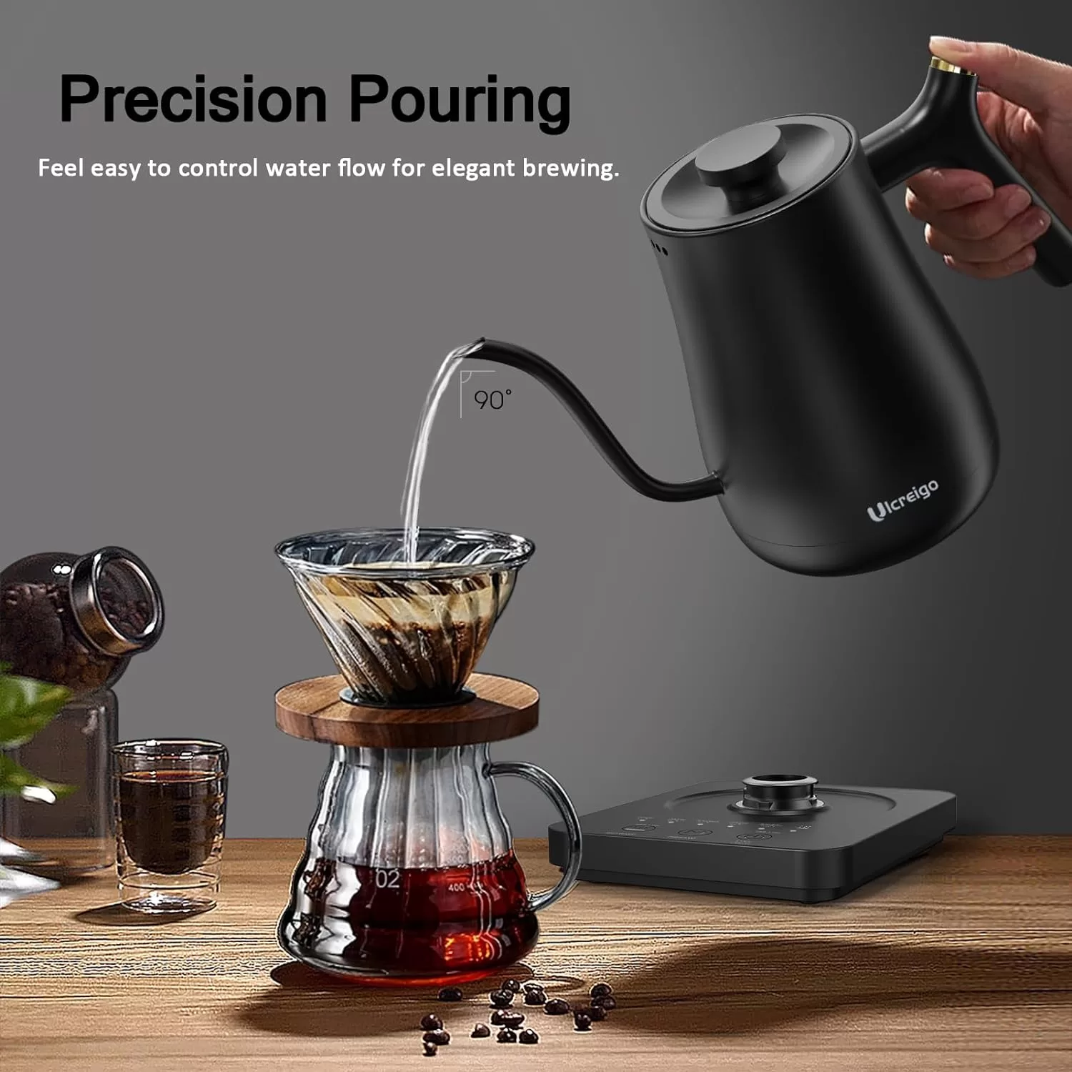 Ulcreigo Gooseneck Electric Kettle Temperature Control with 5 Variable Presets, (Black)