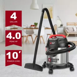 PORTER-CABLE Wet/Dry Vacuum 4 Gallon 4HP Stainless Steel Light Weight Portable, Silver+Red
