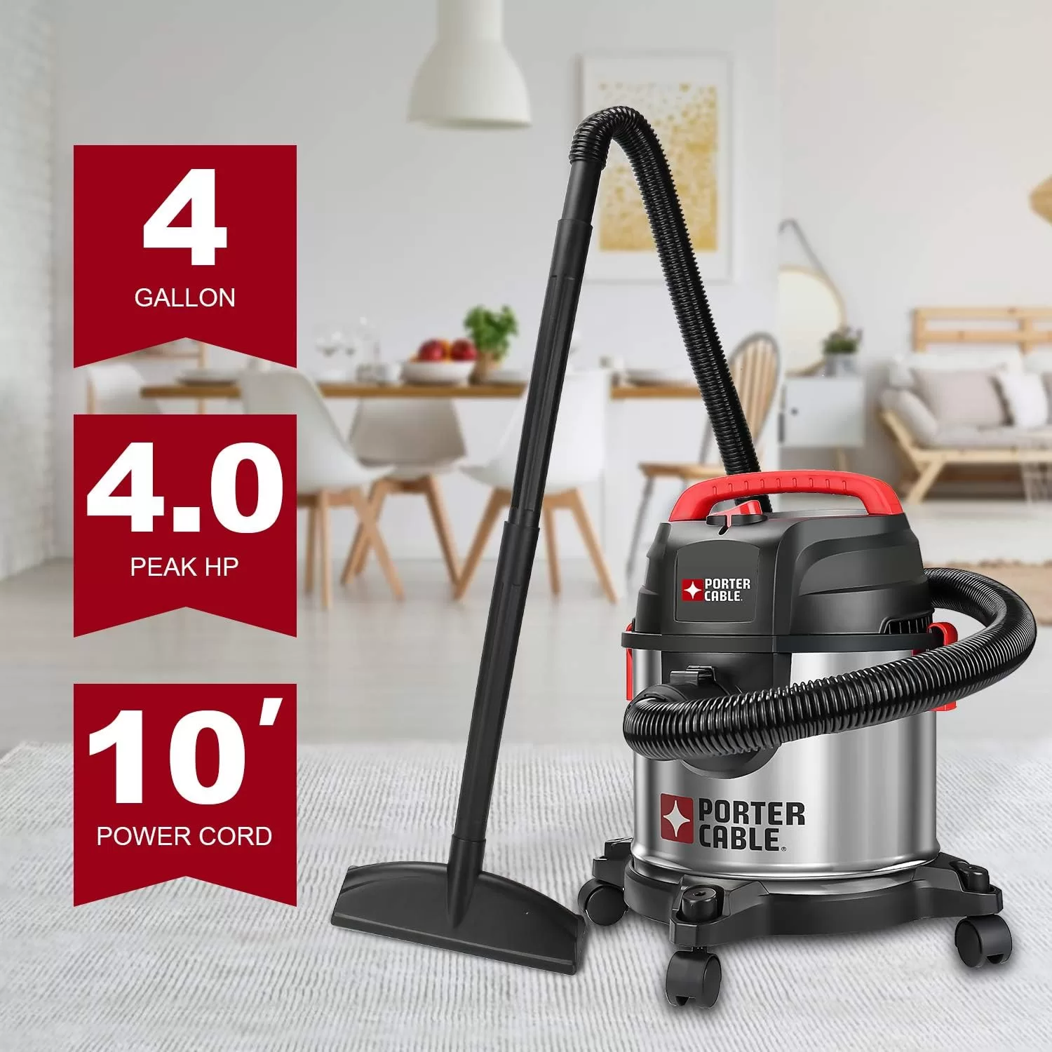 PORTER-CABLE Wet/Dry Vacuum 4 Gallon 4HP Stainless Steel Light Weight Portable, Silver+Red