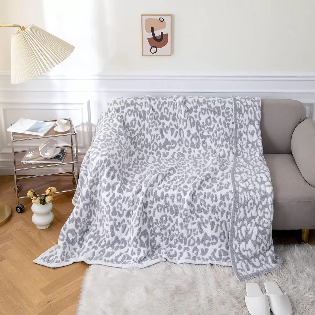 MH MYLUNE HOME Ultra Soft Micro Plush White Grey Leopard Blanket (51x63 inches)