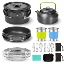 Odoland 15pcs Camping Cookware Mess Kit, Non-Stick Lightweight Pot Pan Kettle Set