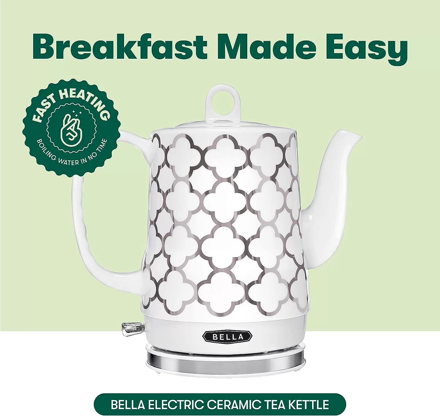 BELLA Electric Kettle & Tea Pot - Ceramic Water Heater, 1.2 Liter, Silver Tile Pattern
