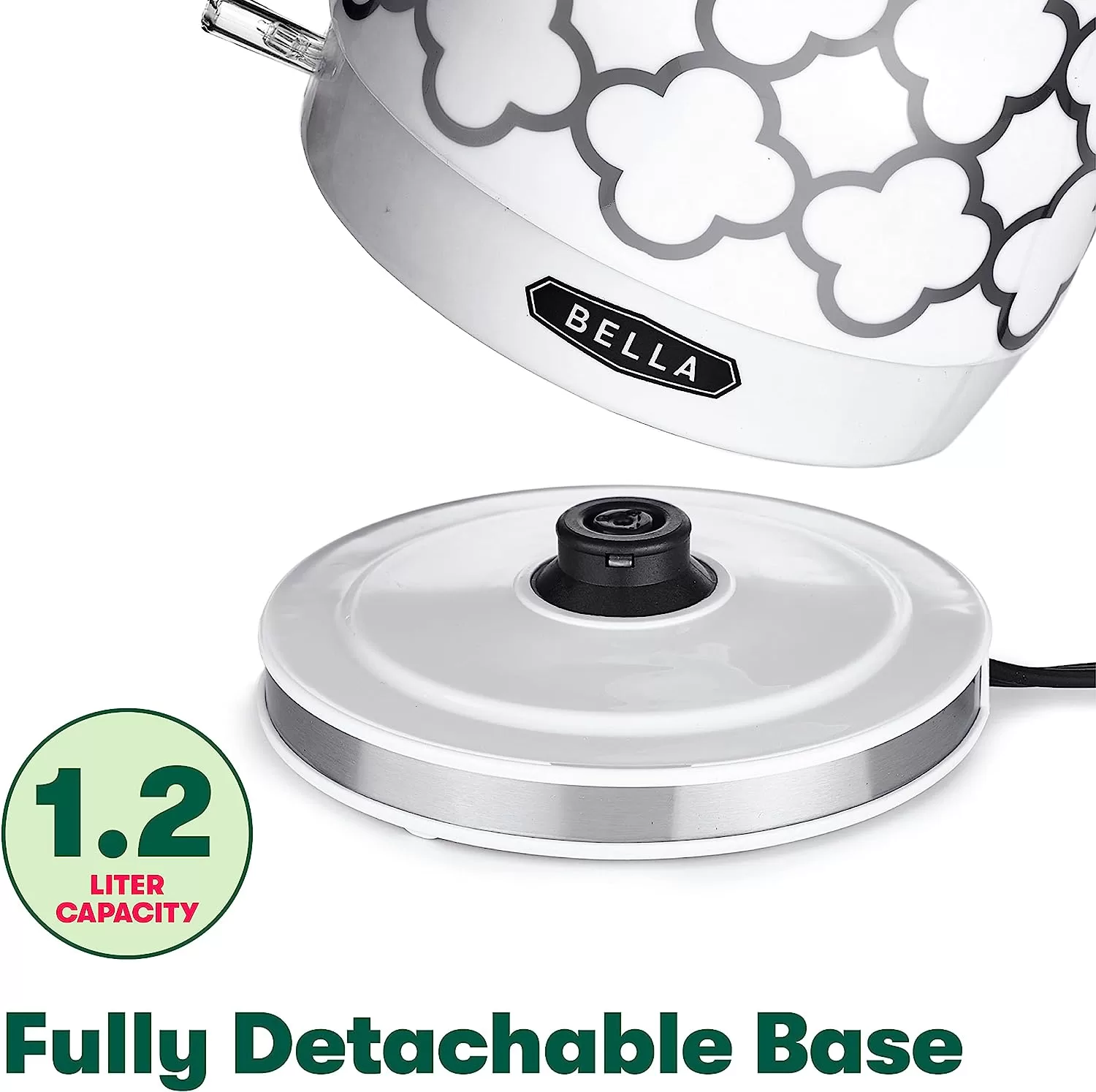 BELLA Electric Kettle & Tea Pot - Ceramic Water Heater, 1.2 Liter, Silver Tile Pattern