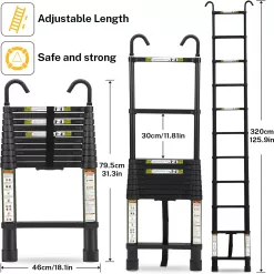 Telescopic Ladder, 10.5FT RIKADE Aluminum Telescoping Ladder, 330lb Capacity Black