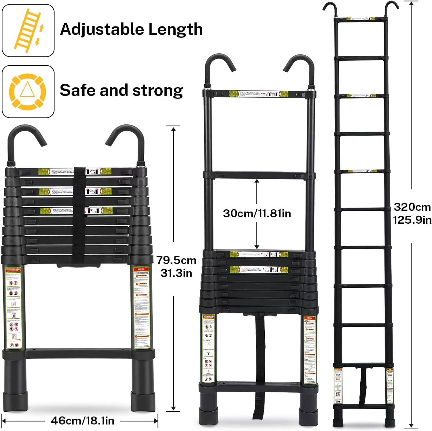 Telescopic Ladder, 10.5FT RIKADE Aluminum Telescoping Ladder, 330lb Capacity Black