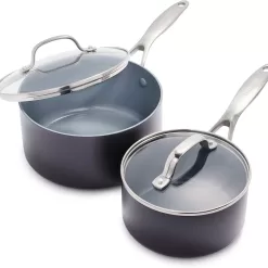 GreenPan Valencia Pro Hard Anodized Healthy Ceramic Nonstick 2QT and 3QT Saucepan Pot Set with Lids, Gray
