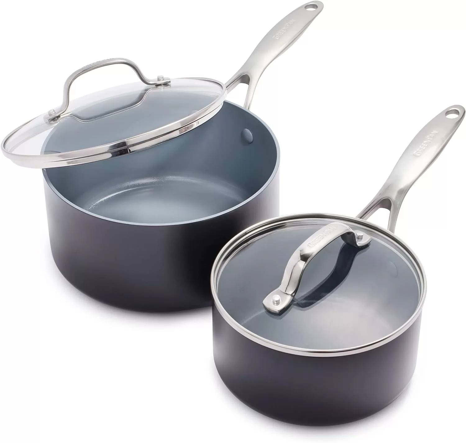 GreenPan Valencia Pro Hard Anodized Healthy Ceramic Nonstick 2QT and 3QT Saucepan Pot Set with Lids, Gray