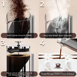 The Original Glass French Press Coffee Maker - Versatile Coffee Press, Tea Press w/ 4 Level Filtration (34oz)