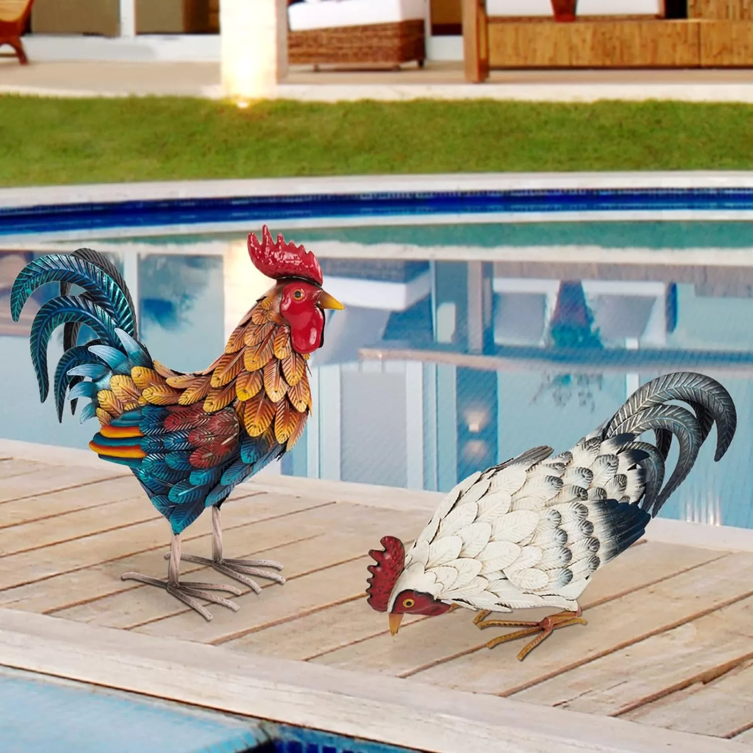 Shorayn Metal Rooster Statues, Outdoor Garden Statues, Metal Chicken Decor, Set of 2