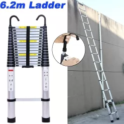 Telescoping Ladder 20FT Extension Ladder with 2 Detachable Hooks Aluminum Telescopic Ladder Collapsible Ladder, 330 Lb Capacity
