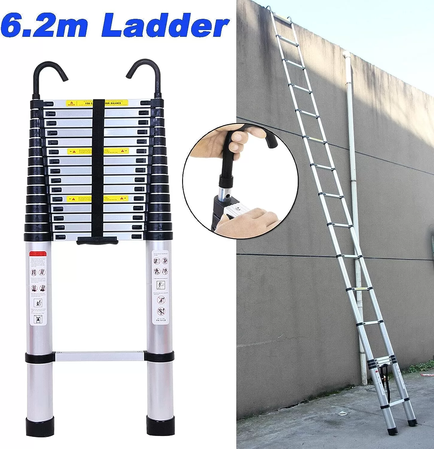 Telescoping Ladder 20FT Extension Ladder with 2 Detachable Hooks Aluminum Telescopic Ladder Collapsible Ladder, 330 Lb Capacity