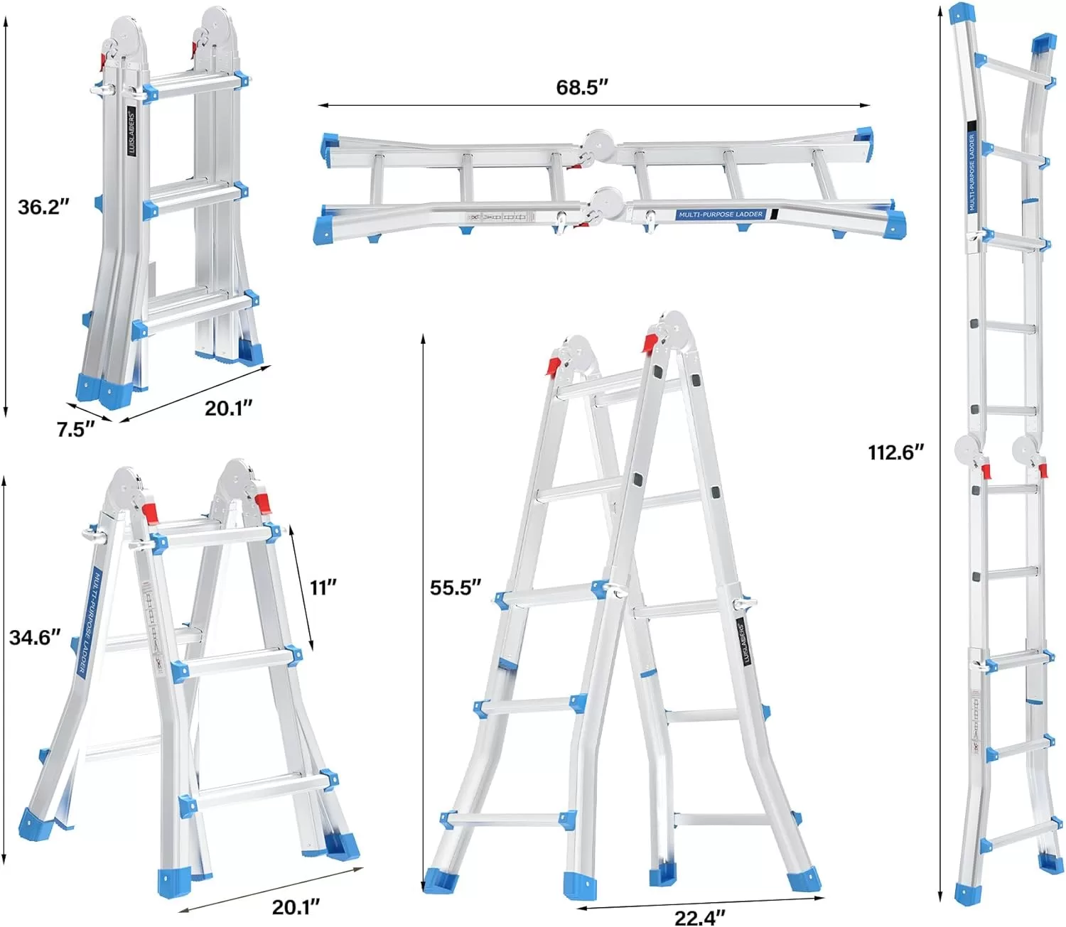 LUISLADDERS Ladder, A Frame 3 Step Ladder Telescoping Ladder