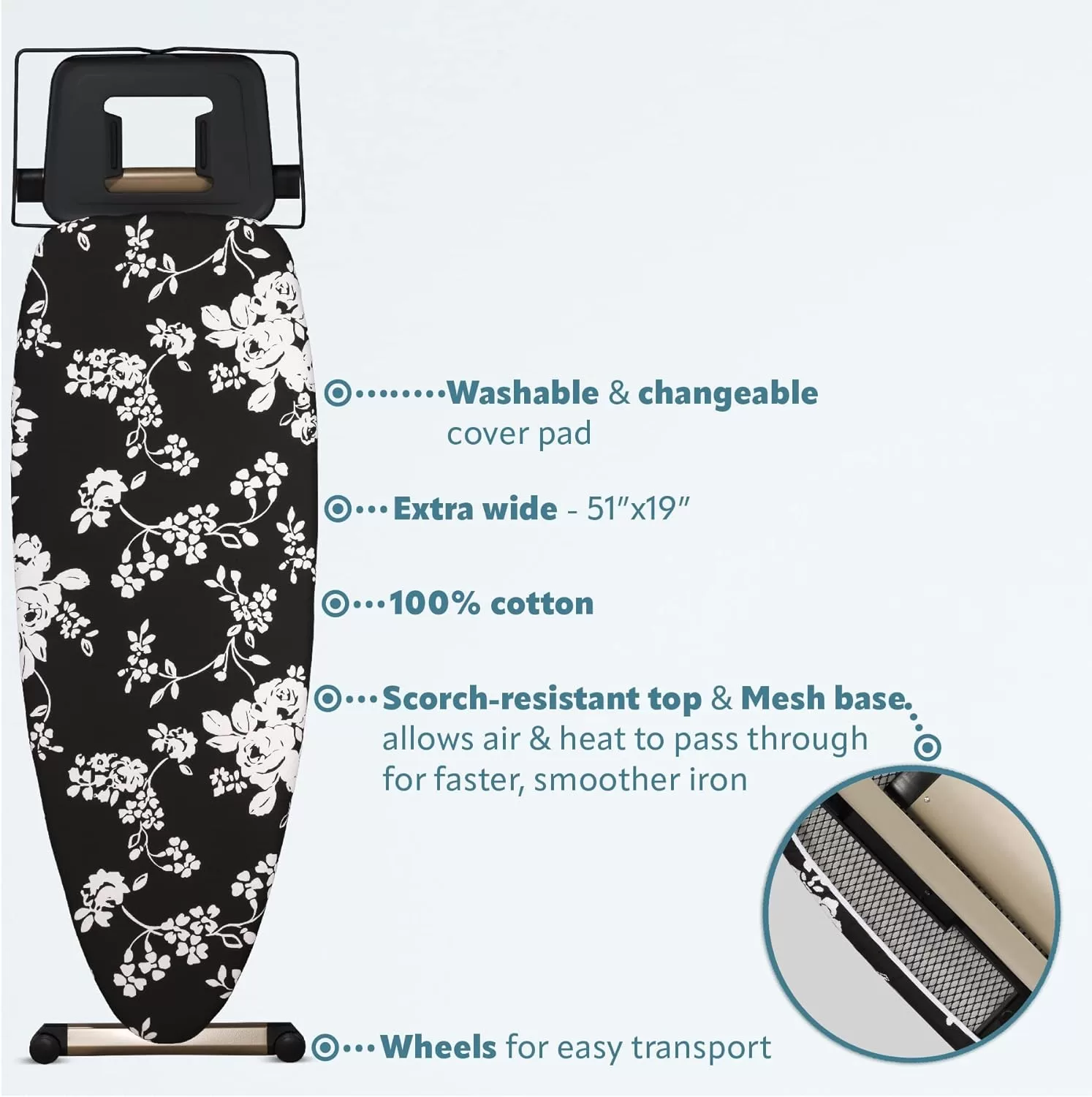 Bartnelli Pro Luxury Ironing Board - Extra Wide 51x19” with Heavy Duty Steam Iron Rest