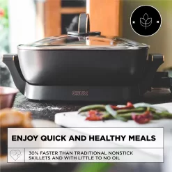 CRUX Electric Skillet with Glass Lid - Nonstick Scratch Resistant Ceramic Pan, Extra Deep, 12