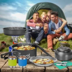 Odoland 15pcs Camping Cookware Mess Kit, Non-Stick Lightweight Pot Pan Kettle Set