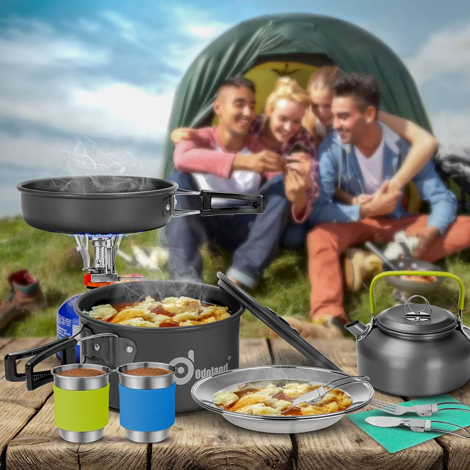 Odoland 15pcs Camping Cookware Mess Kit, Non-Stick Lightweight Pot Pan Kettle Set