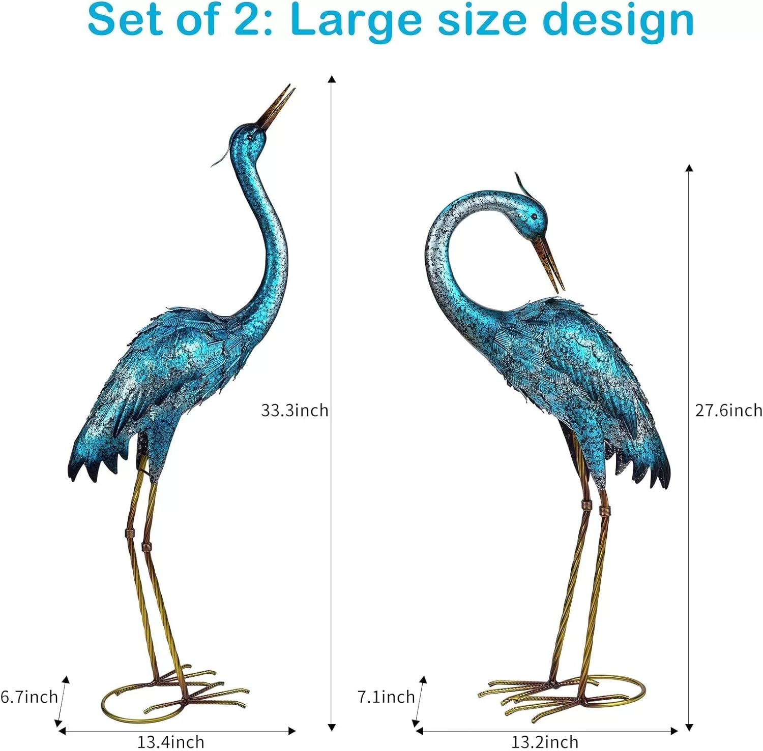 Kircust Garden Sculpture & Statues, Blue Heron Lawn Ornaments Standing Metal Crane Yard Art Large Size Bird Decoy, Set of 2