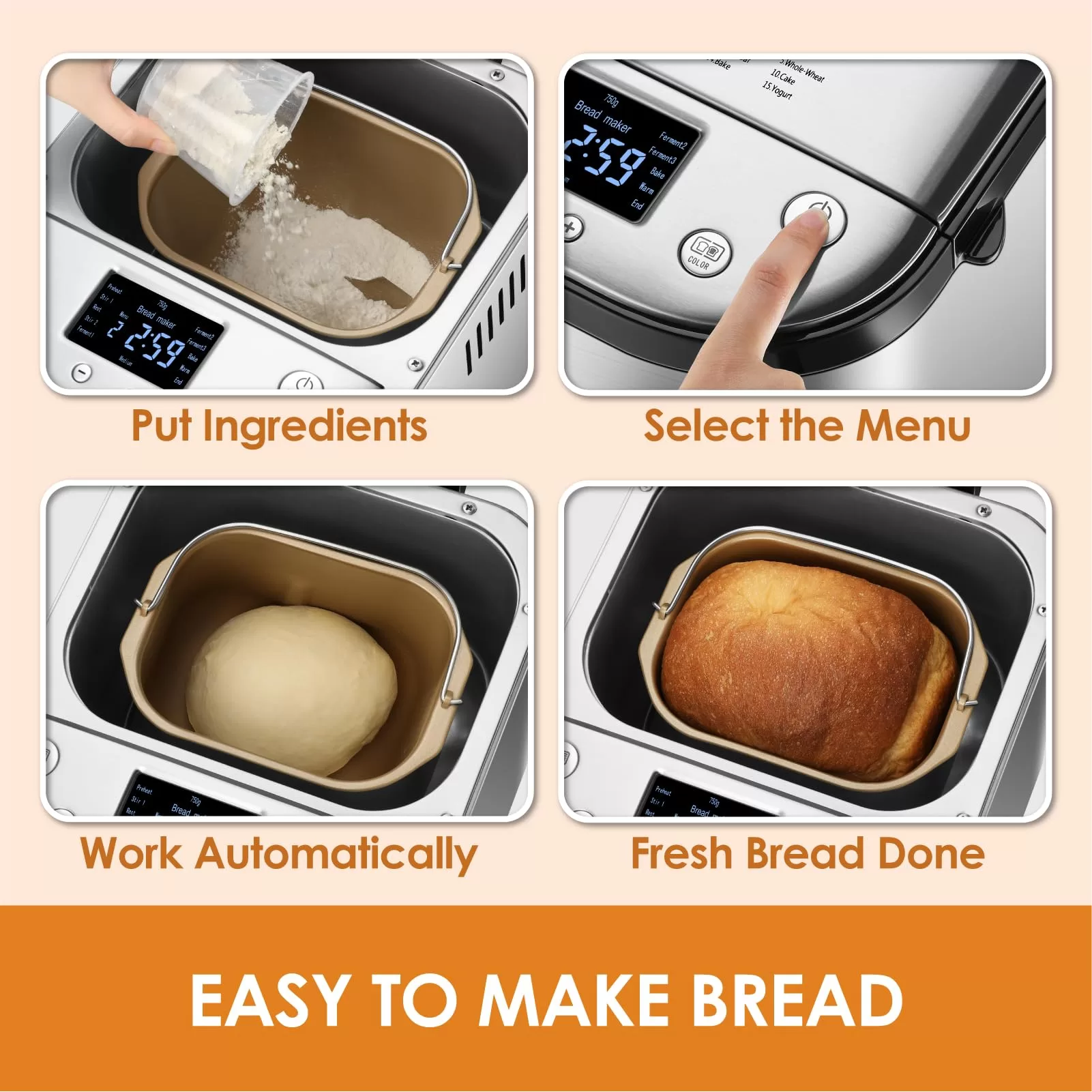 Kitchen in the box Bread Maker Machine with Gluten-Free Setting, 2LB 1.5LB 1LB Automatic Breadmaker with Homemade Cycle