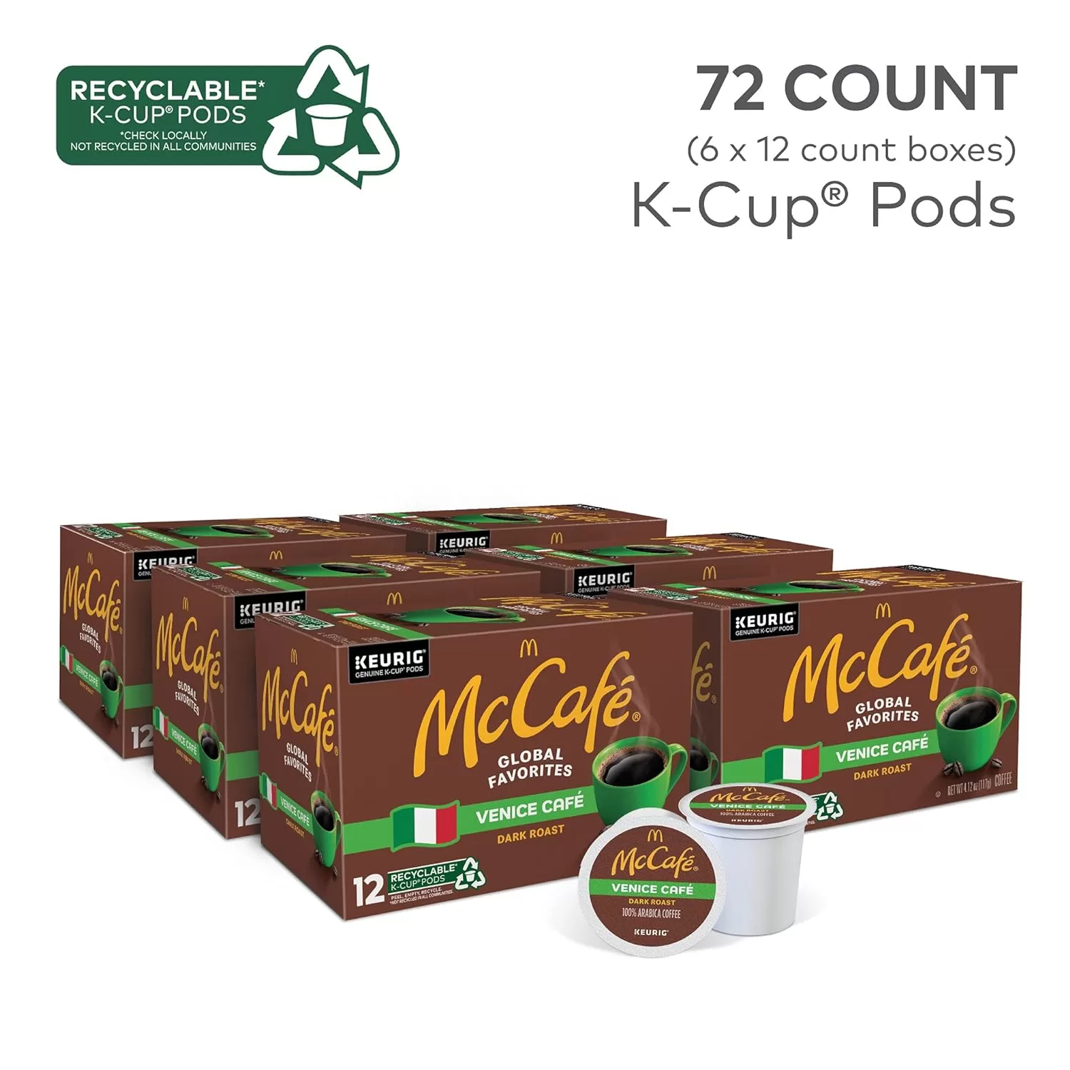 McCafe Venice Cafe, Single Serve Coffee Keurig K-Cup Pods, Dark Roast Coffee, 72 Count (6 Packs of 12)
