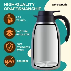 CRESIMO Thermal Coffee Carafe 68oz / 2L - 24 Hours Hot Beverage Dispenser, Insulated Stainless Steel Water Coffee Urn