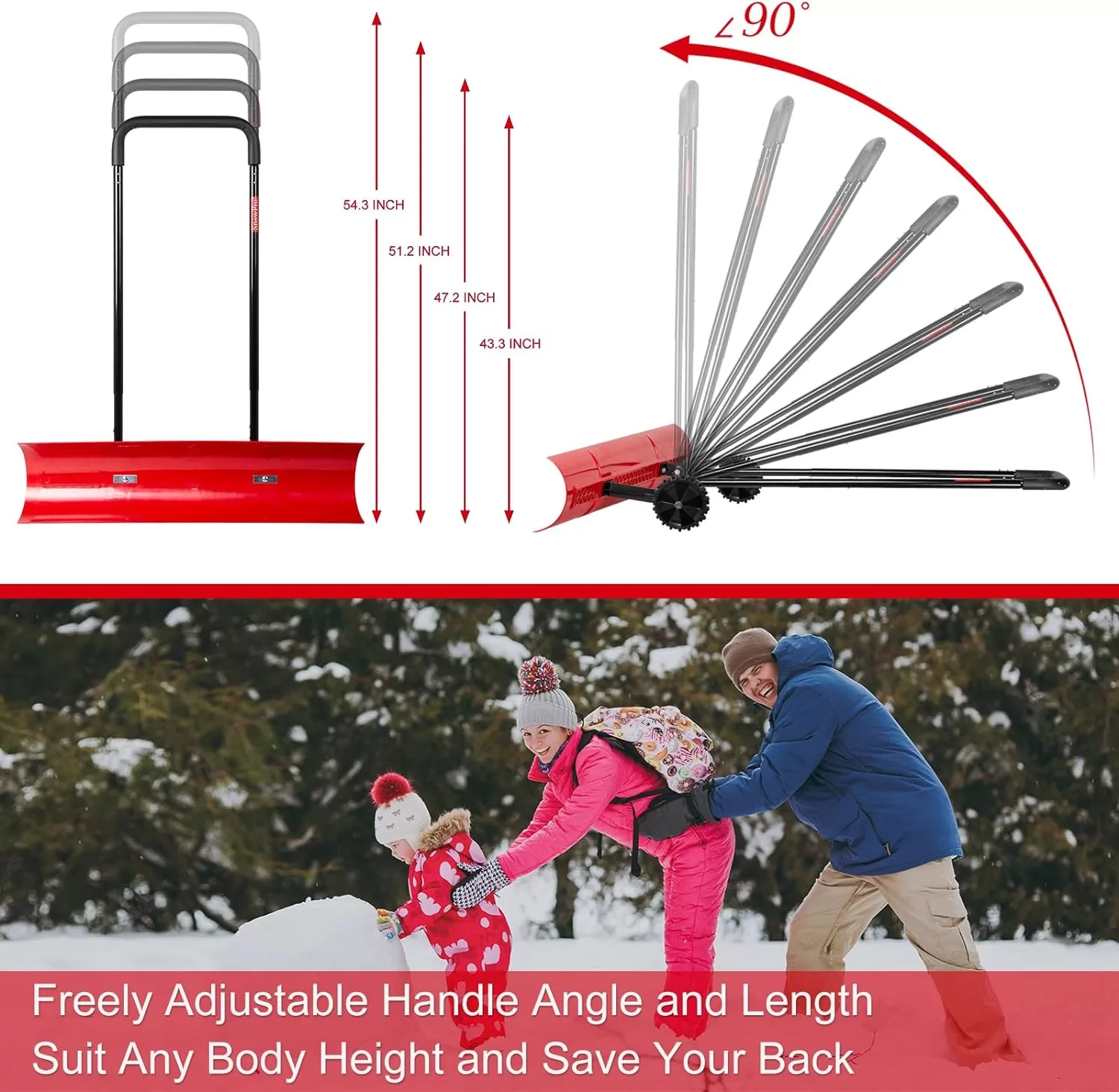 38 Inch Snow Shovel for Driveway, Brewin SnowPro Bi-Direction Heavy Duty Snow Pusher