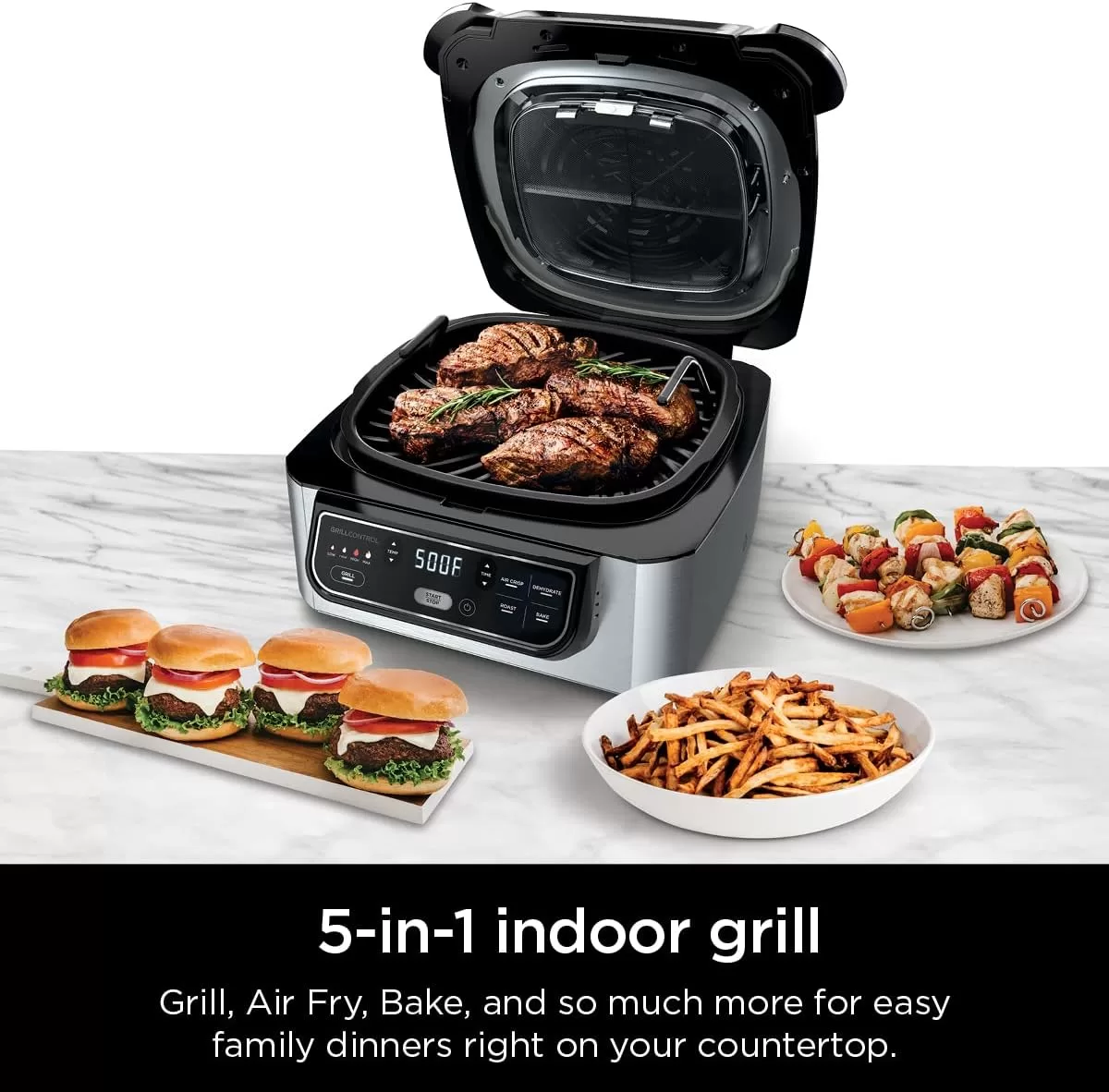 Ninja AG301 Foodi 5-in-1 Indoor Electric Grill with Air Fry, Roast, Bake & Dehydrate - Programmable, Black/Silver